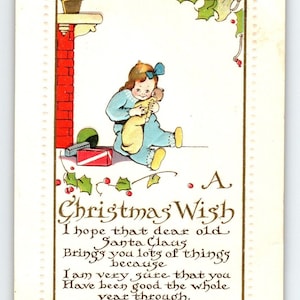 Christmas Postcard Child Holds Baby Doll Embossed 1916 Vintage Holiday Greetings