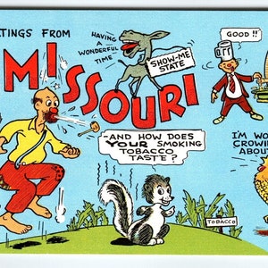Carte postale Salutations du Missouri Carte postale Hillbilly Donkey Skunk Beer Linen EC Kropp