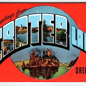 Carte postale grande lettre Ville des années 40, Salutations de Crater Lake, Oregon, lin Kropp