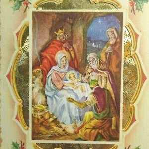 Carte de voeux de Noël de la Sainte Famille moderne du milieu du siècle, cadeau unique de l'enfant Jésus découpé à l'emporte-pièce vintage