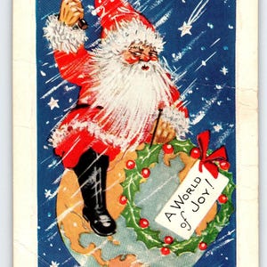 Vintage Weihnachtsmann Weihnachtspostkarte "A World of Joy" Kugelkranz Hammer C-26
