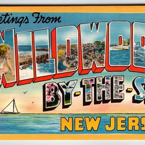 Salutations de Wildwood By The Sea Carte postale en lin, grande lettre, New Jersey, grande lettre, bateau, cadeau unique