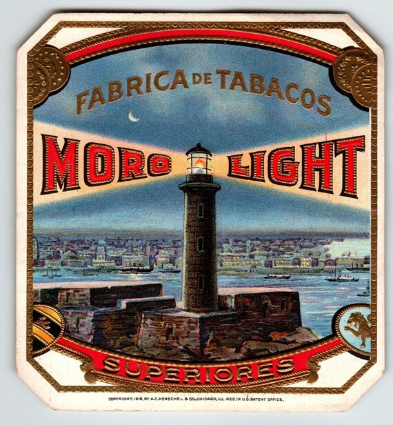 Moro Light Tobacco Label Lighthouse Moon Gold Embossed Original Vintage  1916 Vintage