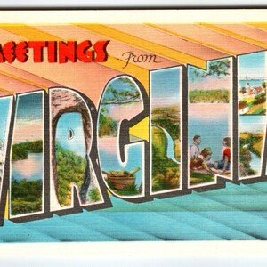 Carte postale en lin, grande lettre, grande lettre, Greetings From Virginia, métropolitaine inutilisée