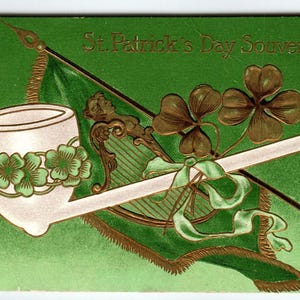 Carte postale de la Saint-Patrick, drapeau irlandais, harpe, trèfles en relief, 1909, cadeau unique