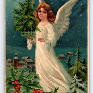 Engel hält Weihnachtsbaum Mond Sterne Weihnachtspostkarte Deutschland Vintage BW Germany