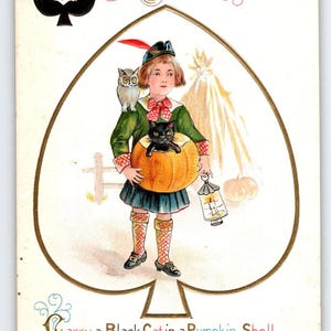 Halloween Postkarte Schwarze Katze Eule Auf Schulter Nash Geprägt H-13 Pik Original