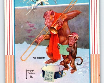 Monkey & Chimp Musicians Horn Carol Fantasy Trade Card Artist Lawson Wood 1940's