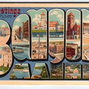 Salutations de Bangor, Maine, grande lettre, carte postale en lin des années 1950, vintage 1951