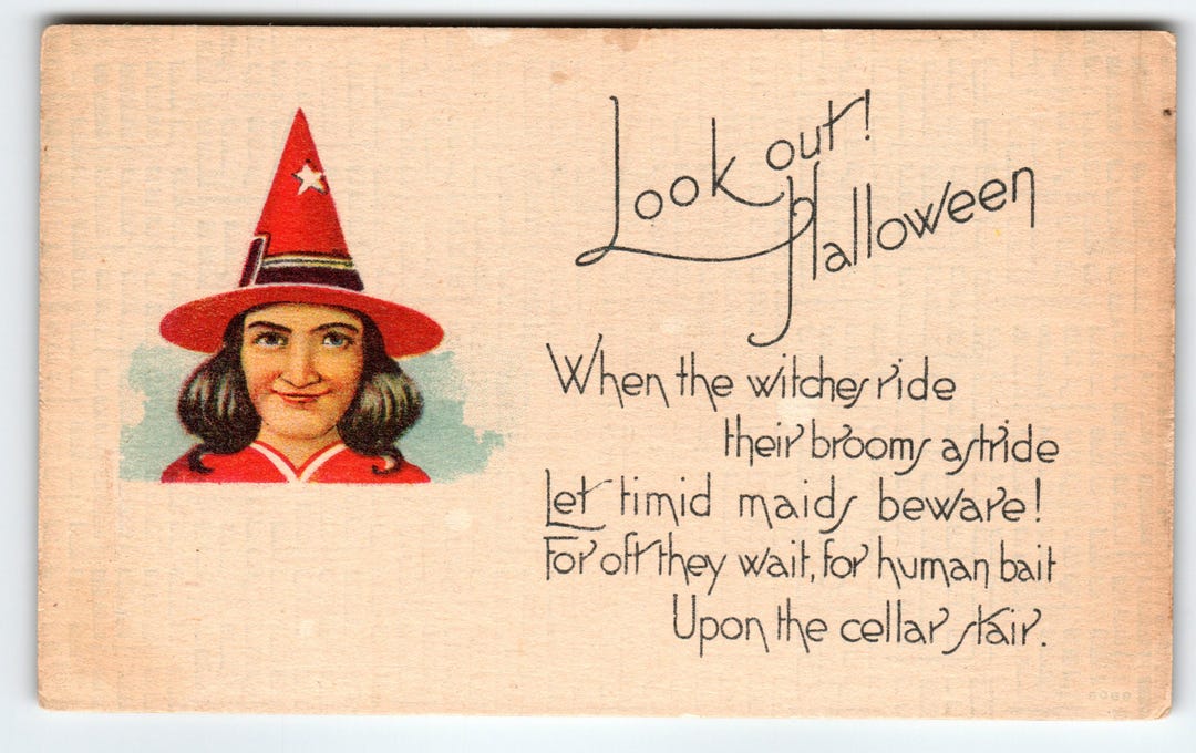Vintage 1907-1915 Look Out! Halloween Witch Lithograph Postcard Divided ...