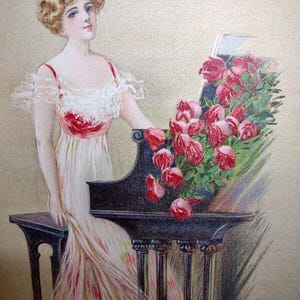Victorian Art Print Women Musician Piano Player Roses Lithograph 1909 Maud Stumm Unique Gift