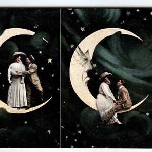Croissant de lune en papier carte postale Spooning visage humain anthropomorphe homme lune 1909