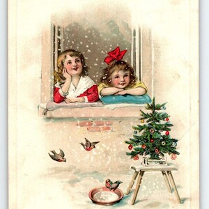Weihnachtspostkarte Frances Brundage Kinder am Fenster Weihnachtsbaum Gabriel 217