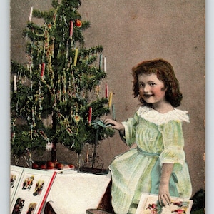 Christmas Postcard Tuck Victorian Girl Xmas Tree With Candles Tinsel Series 8242 Unique Gift