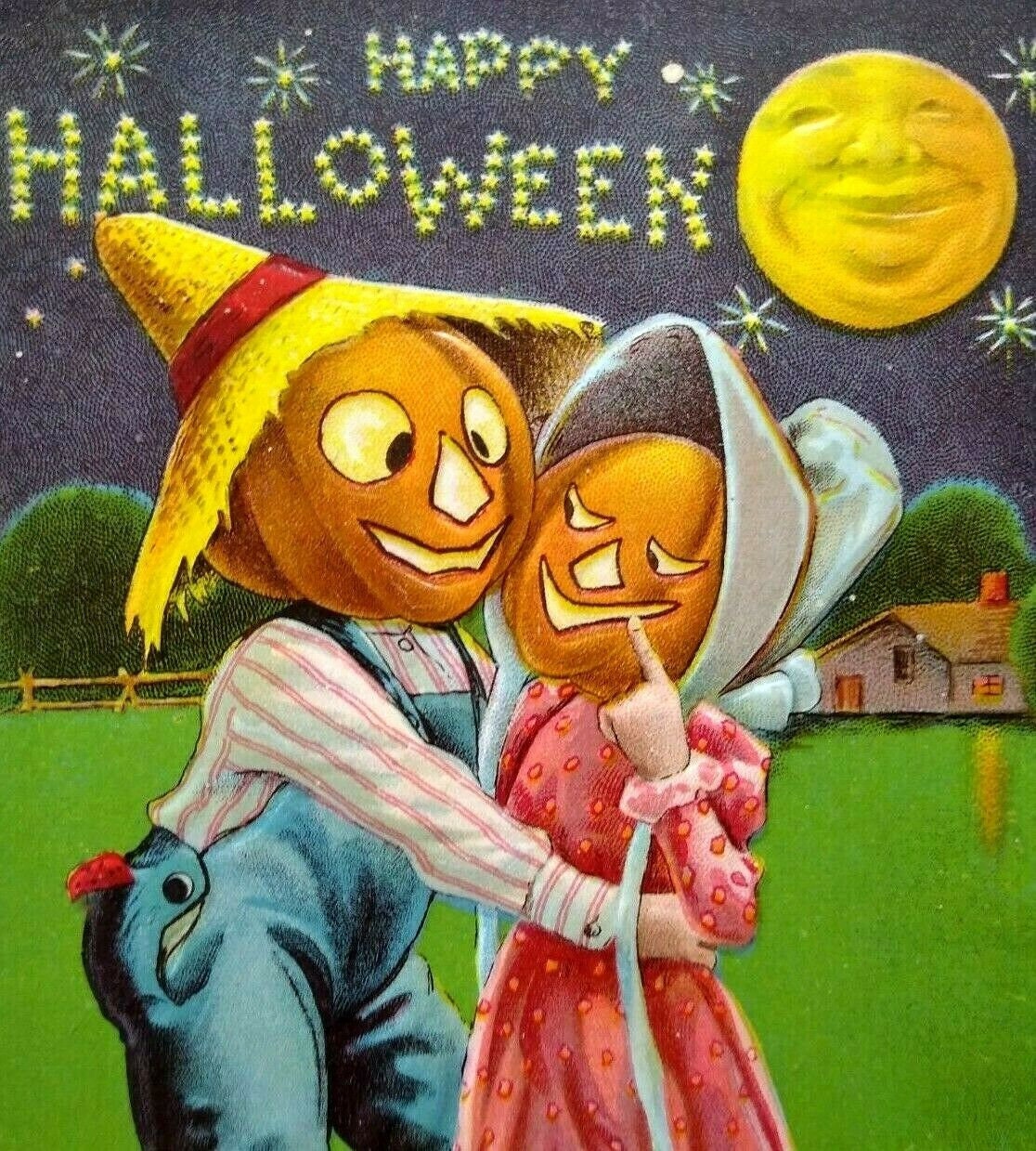 Antique Halloween Goblins Farmers Big Moon Man Postcard | Etsy