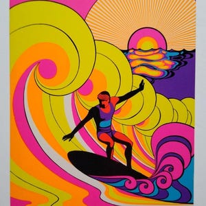 Surfeur hawaïen vagues soleil carte postale psychédélique Ponio Craft Groovy Mod Hawaii