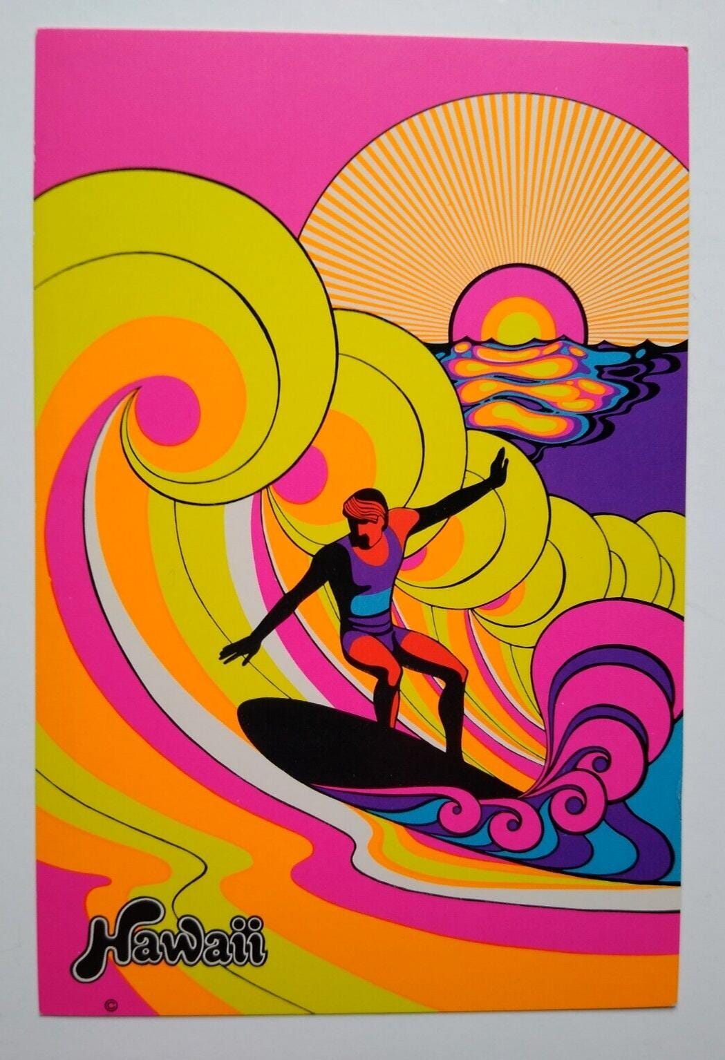 Hawaiian Surfer Waves Sun Psychedelic Postcard Ponio Craft Groovy