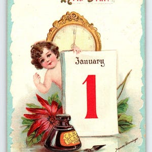 新年のポストカード フランシス ブランデージ かわいい赤ちゃん時計 1月1日カレンダー ガブリエル 1912