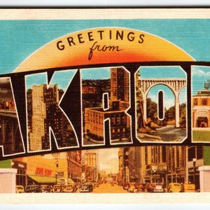 Salutations d'Akron, Ohio des années 1940, Dexter vintage grande lettre pour carte postale en lin