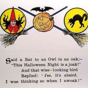 Carte postale Halloween chat noir Gibson balais de sorcière chauve-souris vampire inutilisé antique orig cadeau unique