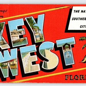 Salutations de Key West Florida Grande lettre carte postale en lin 1952 RARE vintage