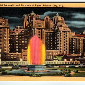 Hotel Traymore by Night Fountain of Light Atlantic City NJ 1949 Vintage Linen