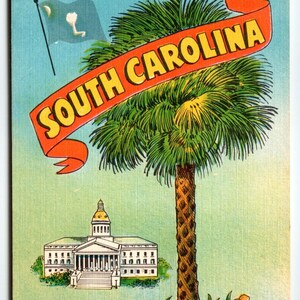 Vintage Salutations de Caroline du Sud Carte postale en lin Capitol Building Palmetto