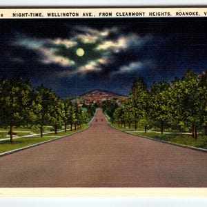 La nuit, Wellington Ave, Roanoke, Virginie, carte postale en lin, Asheville Co. E-7316, inutilisée