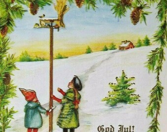 Christmas Postcard Whitney German Text Children Outside Bird House Pinecones Unique Gift
