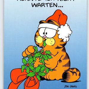 Garfield Deutsche Postkarte Weihnachten Orange Tabby Katze Hält Kranz Jim Denims 1978