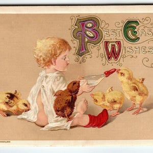Carte postale de Pâques John Winsch, un enfant nourrit des poussins avec un biberon, Allemagne 1910