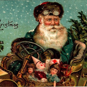 Weihnachtsmann Weihnachten Postkarte Blauer Mantel Jalopy Automobil Auto Spielzeug Puppe Deutschland Einzigartiges Geschenk