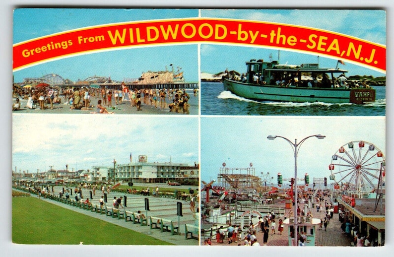 Wildwood New Jersey Postcard Rides Shuffleboard Hunts Pier Party Boat Rio Motel Unique Gift immagine 1
