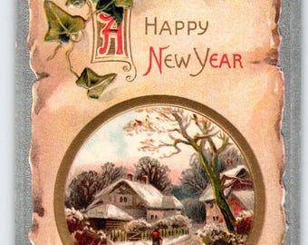 Happy New Year Postcard Embossed Country Cottage Winter Scene Davidson Germany