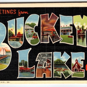 Carte postale grande lettre Salutations du lac Buckeye, Ohio des années 40, lin Curt Teich