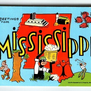 Carte postale en lin, Carte du Mississippi, Carte postale en lin EC Kropp