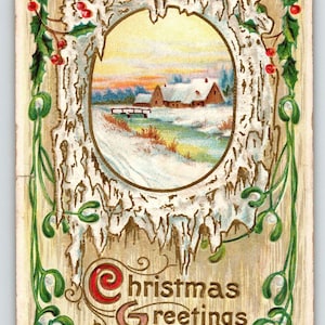 Christmas Postcard Scenic Country Cottage Ice Snow Embossed Greetings 1915