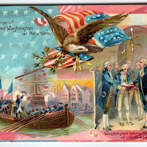 Carte postale patriotique George Washington, réception au New York Tuck 124 Ship Eagle Carte postale