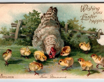 Easter Postcard Rooster Baby Chicks Embossed Greetings Germany International Art