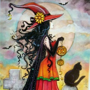 Carte postale Halloween Molly Harrison sorcière gothique moderne Fantasy Black Cat 2012 Ltd Cadeau unique