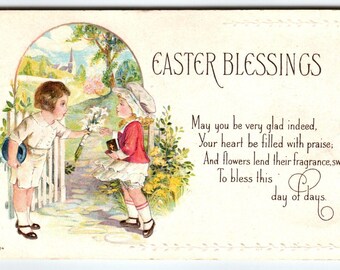 Easter Postcard Boy Girl Outside Flowers Vintage Greetings E-204 Embossed 1919