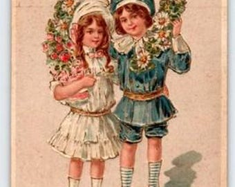 Vintage Embossed Birthday Postcard with Children & Floral Wreath