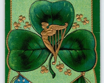 St Patrick's Day Postcard Embossed Flag Harp Shamrocks Irish Greetings Antique Unique Gift
