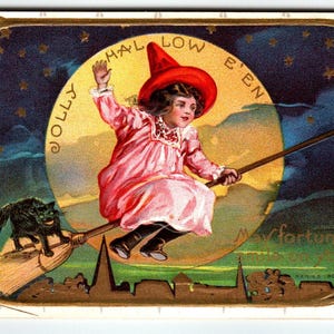 Carte postale Halloween Fortune, sorcière sur balai, lune, chat noir, bordure dorée, toile d'araignée