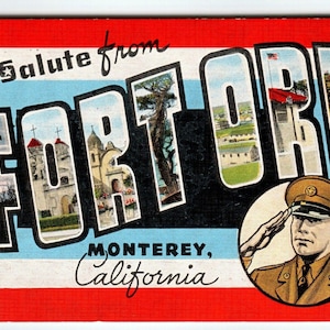 Carte postale militaire Salute Fort Ord, Monterey, Californie, 1940, grande lettre, lin