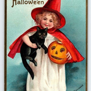 Carte postale Halloween Ellen Clapsaddle Girl, sorcière et chat noir, JOL Germany S Garre