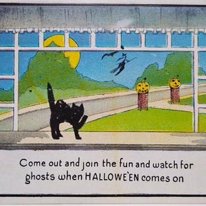 Carte postale Halloween sorcière fantastique sur un balai, lune, chauve-souris, chats noirs Metropolitan 412, cadeau unique
