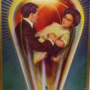Viktorianisches Paar in Glühbirnen-Fantasie-Postkarte, romantisches Lovelights 1909, einzigartiges Geschenk