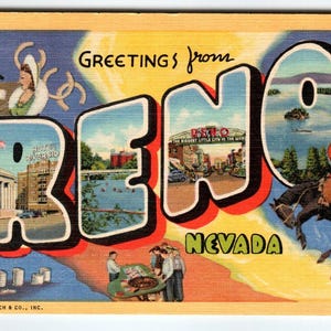 Carte postale vintage grande lettre Greetings From Reno Nevada Linen Curt Teich