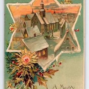 Vintage 1907 German-American Christmas Postcard Snowy Village Scene Embossed